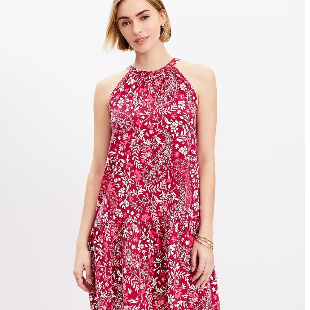 LOFT Red Floral Midi Dress